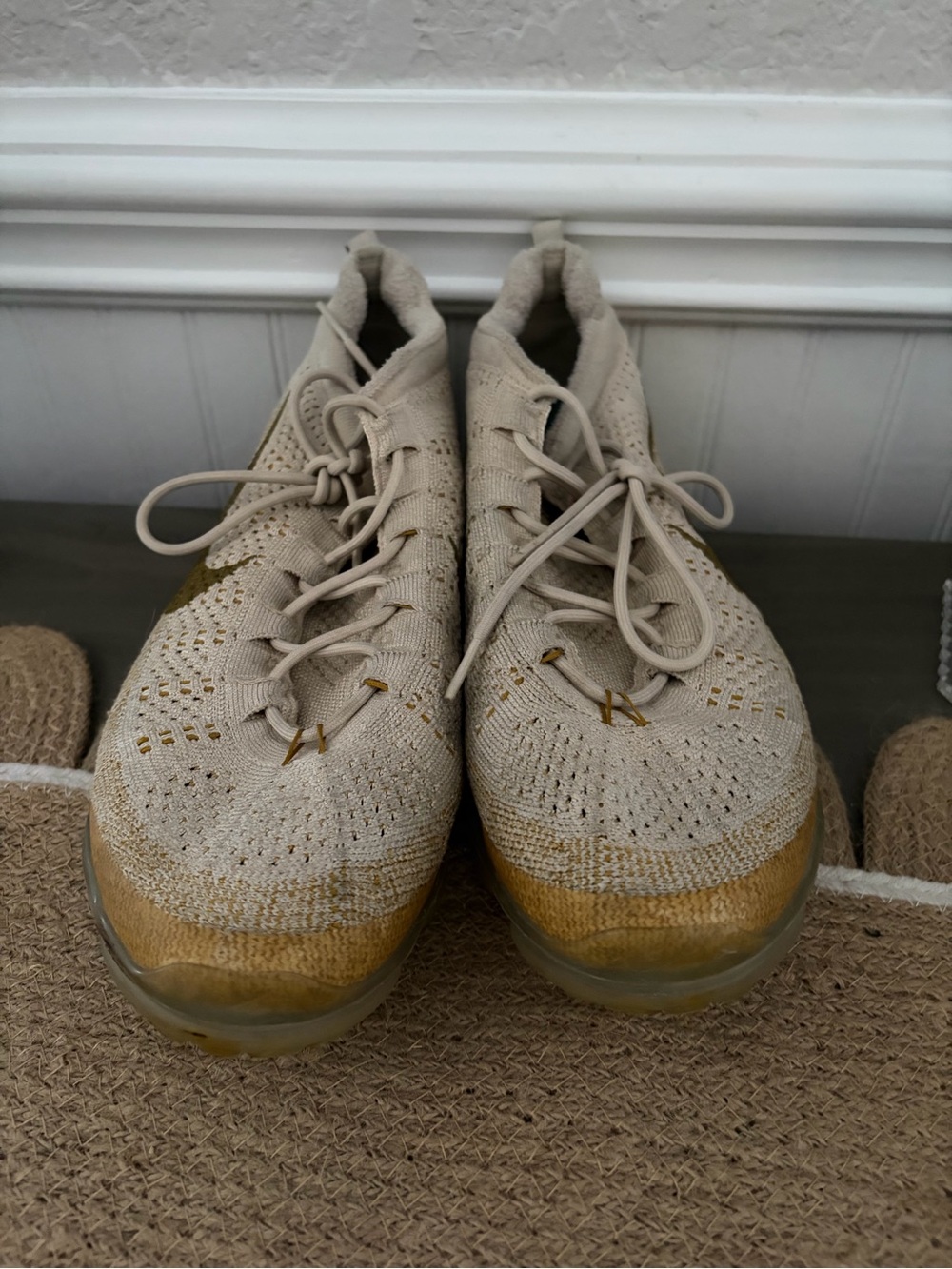Nike Men's Flyknit Sneakers in Beige with Gold Accents
